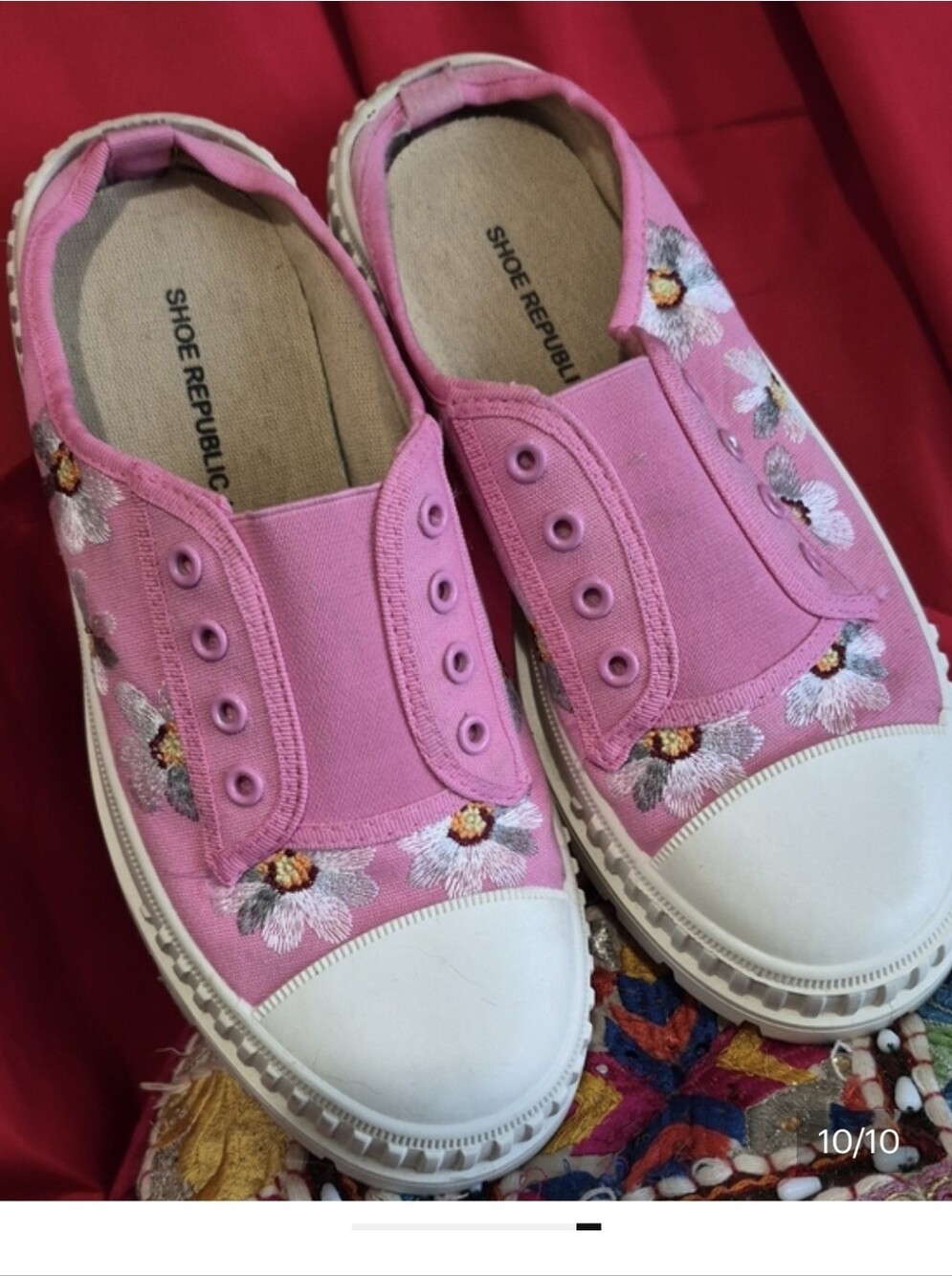 Shoe Republic LA Pink Embroidered Floral Slip-On Sneakers